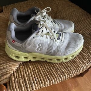 On Running -White and Gray Athletic Shoes with Yellow Soles